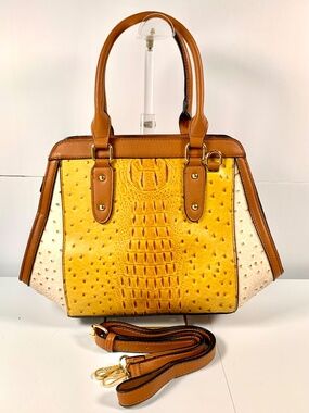 Crocodile embossed yellow brown satchel crossbody bag structured business chic